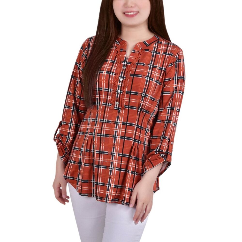NWT Ny Collection Womens Roll Tab Petite Plaid Y Neck Top Rust Orange Plaid PS